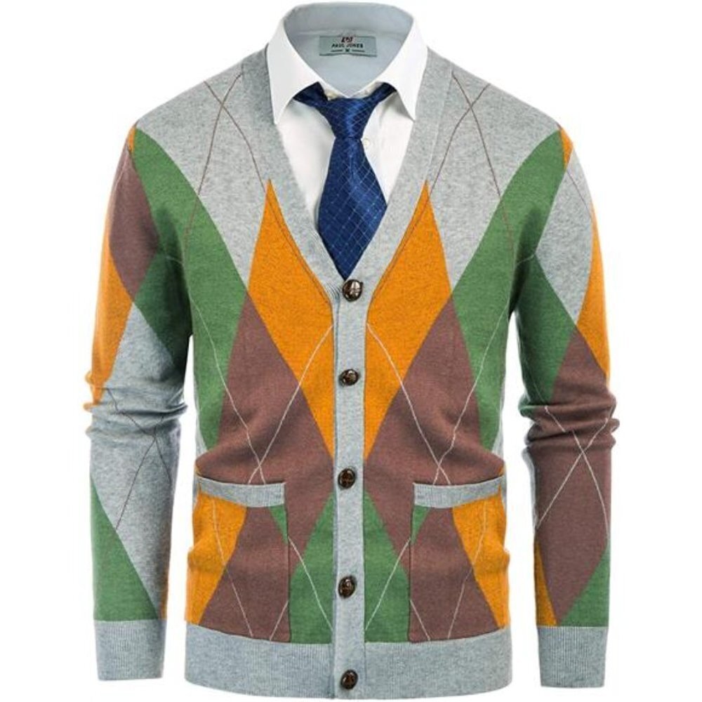 Stylish Argyle Cardigan Sweater Men V Neck Yellow